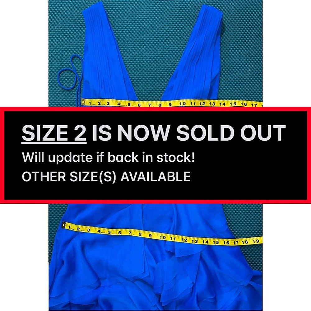 Alice + Olivia Holly Low Neck Asymmetric Ruffle Sapphire Blue Maxi Dress - Picture 9 of 12